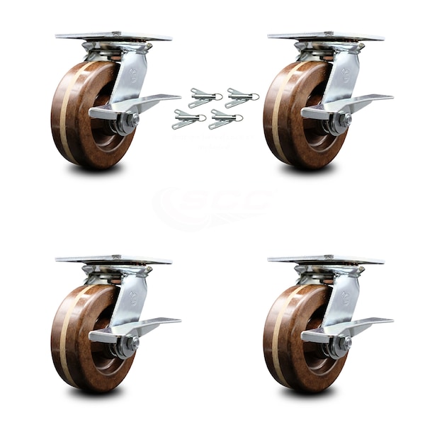 6 Inch High Temp Phenolic Caster Set with Roller Bearing and Brakes/Swivel Locks